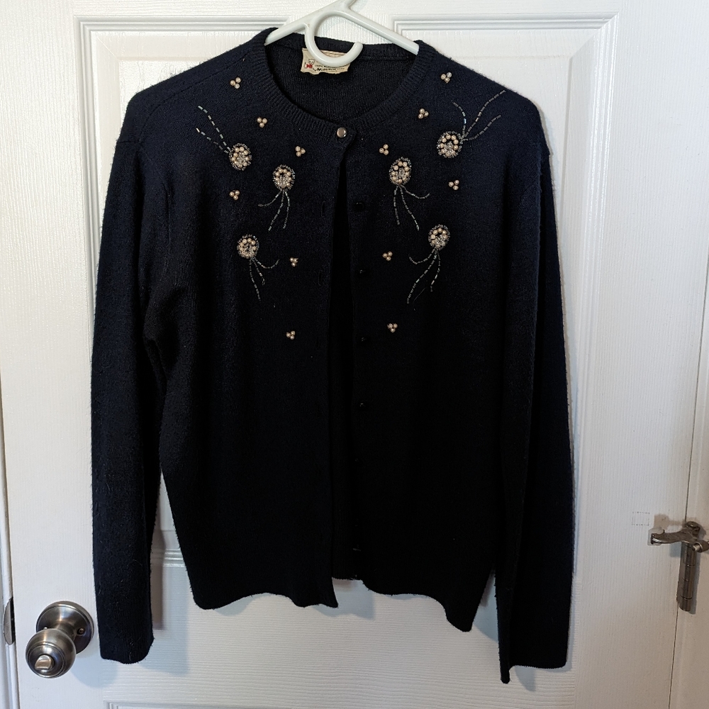 RARE TRUE VINTAGE 1950s 1960s Beaded Navy Acrylic Cardigan Size XL